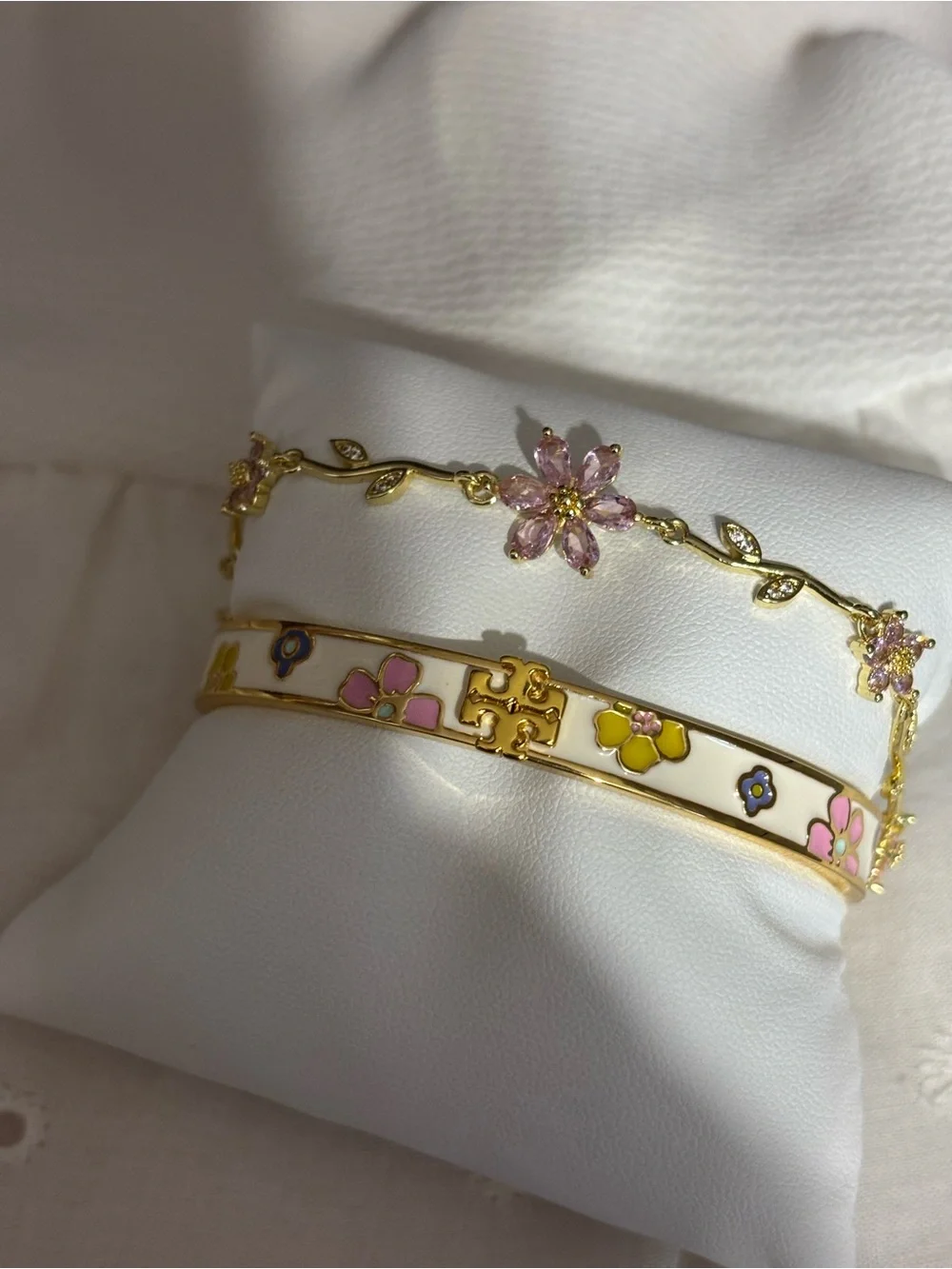 Tory Burch Cream Enamel Floral Logo Hinge Bangle Bracelet